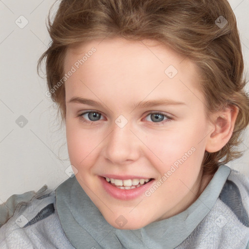 Joyful white child female with medium  brown hair and blue eyes