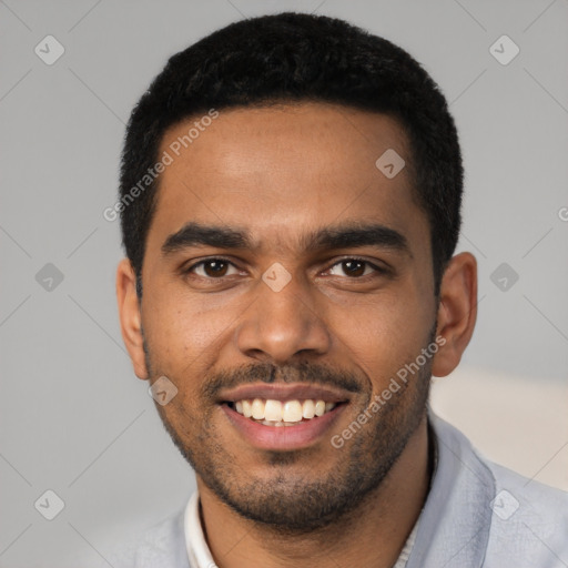 Joyful latino young-adult male with short  black hair and brown eyes