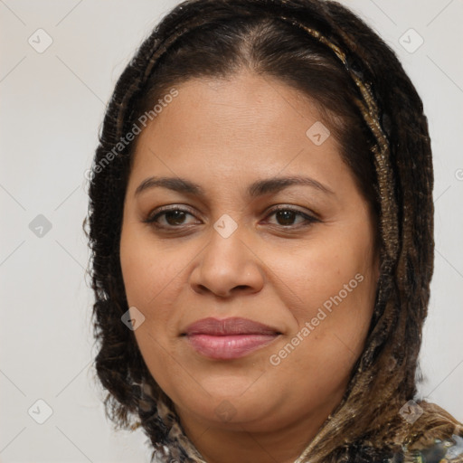 Joyful latino young-adult female with medium  brown hair and brown eyes