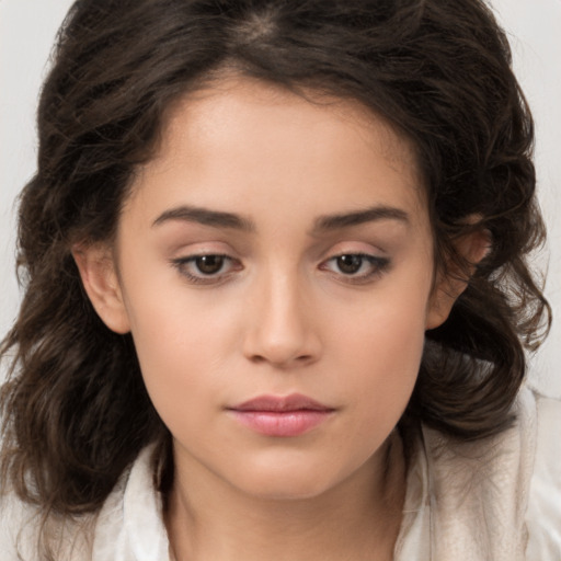 Neutral white young-adult female with medium  brown hair and brown eyes