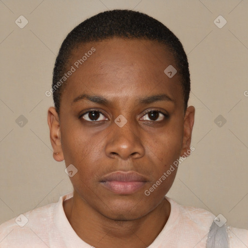 Neutral black young-adult female with short  brown hair and brown eyes