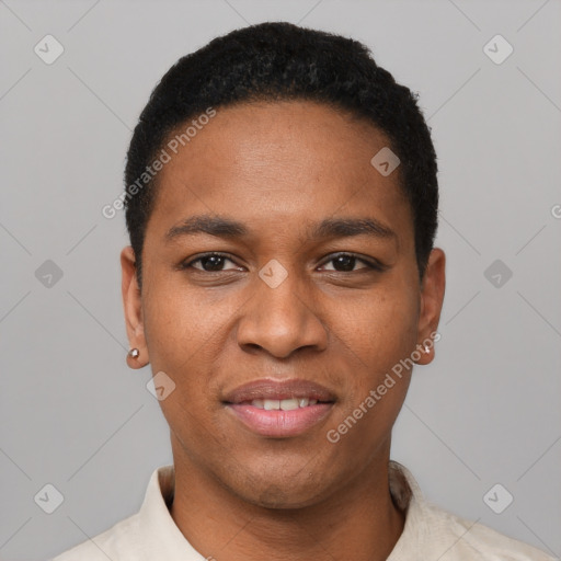 Joyful black young-adult male with short  black hair and brown eyes