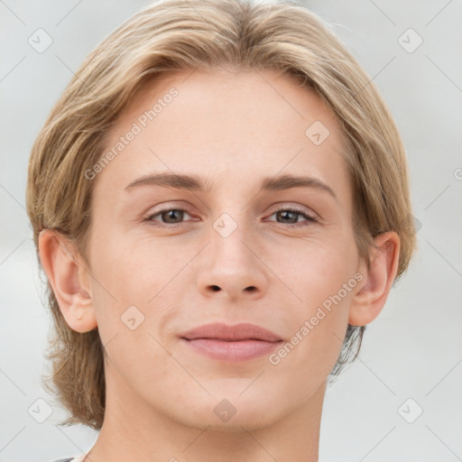 Joyful white young-adult female with medium  brown hair and grey eyes