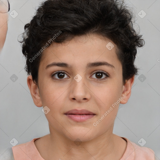 Neutral white young-adult female with short  brown hair and brown eyes