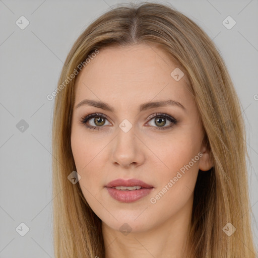 Neutral white young-adult female with long  brown hair and brown eyes