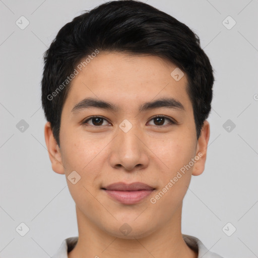 Joyful asian young-adult male with short  black hair and brown eyes