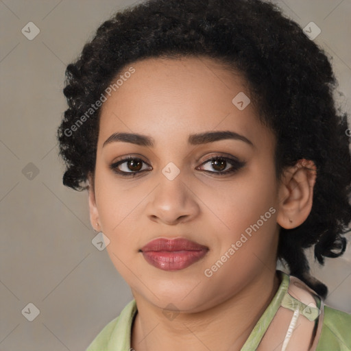 Joyful latino young-adult female with long  black hair and brown eyes