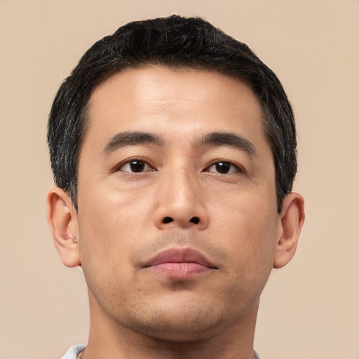 Neutral asian young-adult male with short  brown hair and brown eyes