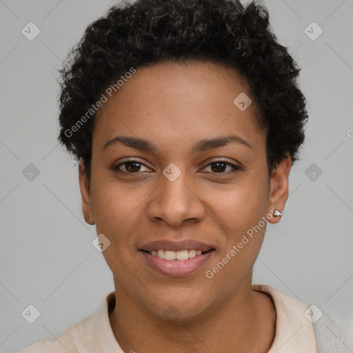 Joyful latino young-adult female with short  brown hair and brown eyes