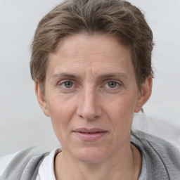 Joyful white adult female with short  brown hair and grey eyes