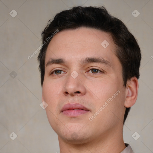 Neutral white young-adult male with short  brown hair and brown eyes