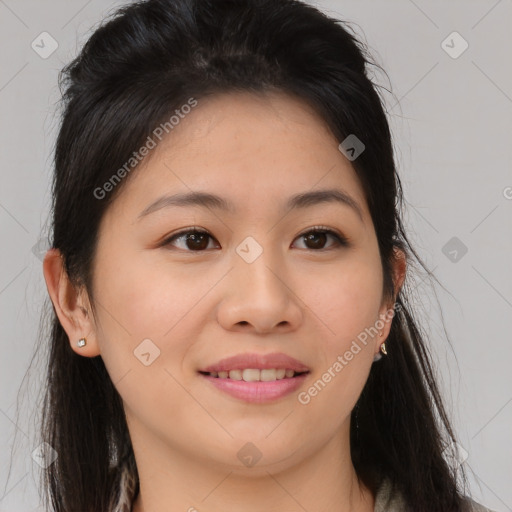 Joyful asian young-adult female with long  brown hair and brown eyes