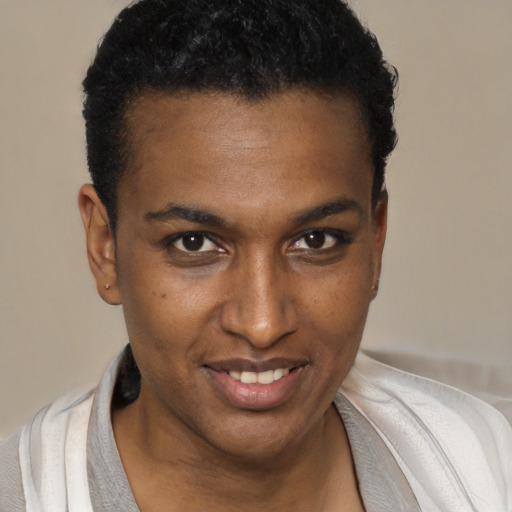 Joyful black young-adult male with short  black hair and brown eyes