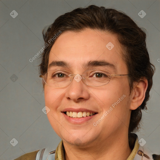 Joyful white adult female with medium  brown hair and brown eyes