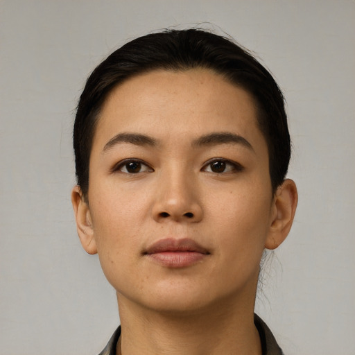 Neutral white young-adult female with short  black hair and brown eyes