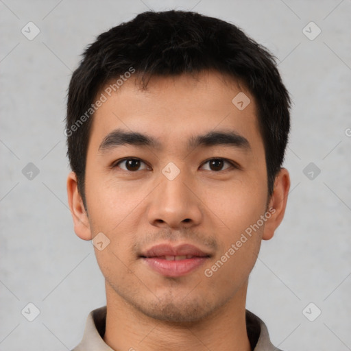 Neutral asian young-adult male with short  black hair and brown eyes