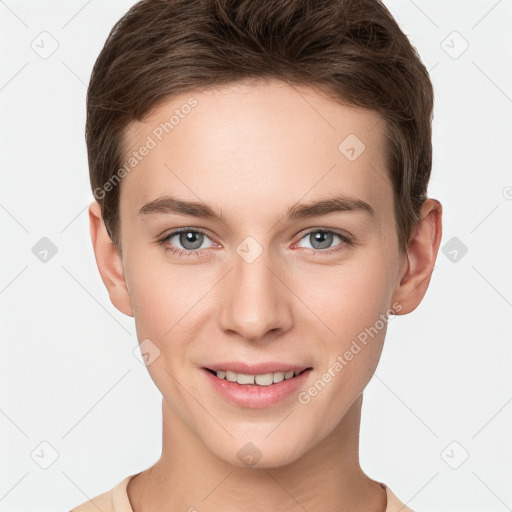 Joyful white young-adult female with short  brown hair and grey eyes