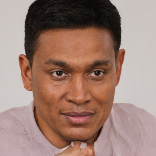 Joyful black young-adult male with short  brown hair and brown eyes