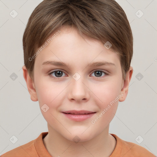 Joyful white child female with short  brown hair and brown eyes