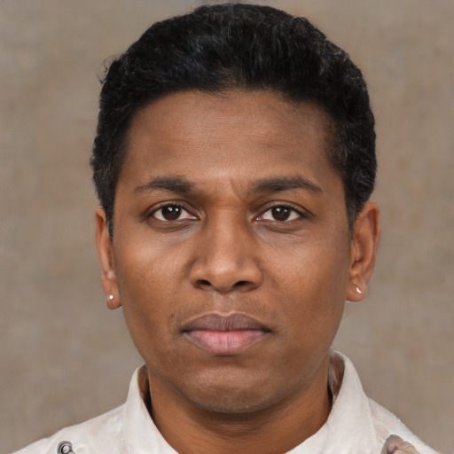 Neutral black young-adult male with short  black hair and brown eyes
