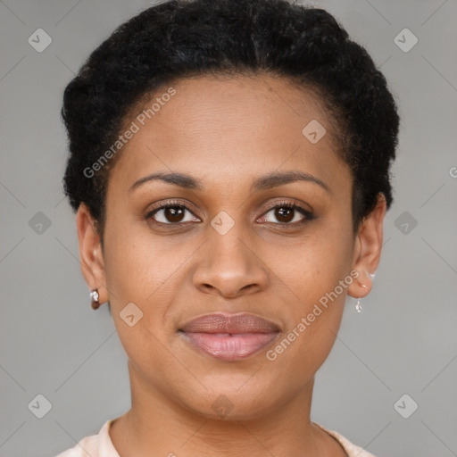 Joyful latino young-adult female with short  brown hair and brown eyes