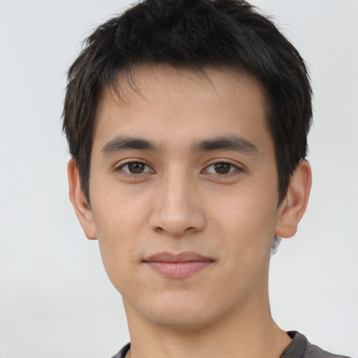 Neutral asian young-adult male with short  brown hair and brown eyes