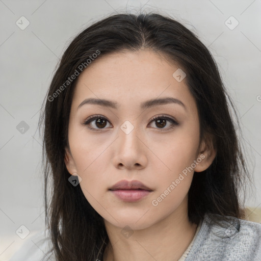 Neutral asian young-adult female with medium  brown hair and brown eyes