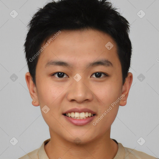 Joyful asian young-adult male with short  black hair and brown eyes