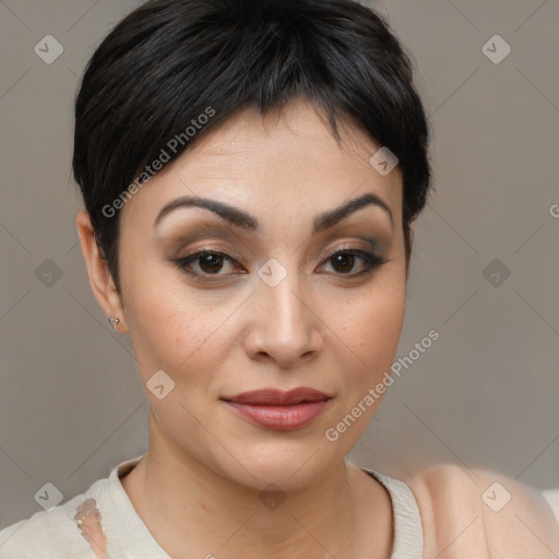 Joyful asian young-adult female with short  brown hair and brown eyes