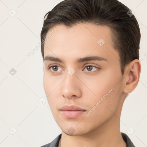 Neutral white young-adult male with short  brown hair and brown eyes