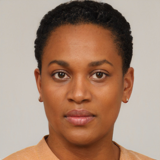 Neutral black young-adult female with short  black hair and brown eyes