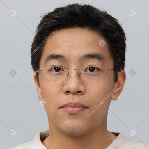 Neutral asian young-adult male with short  brown hair and brown eyes