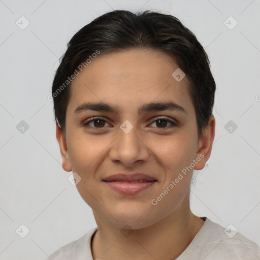 Joyful white young-adult female with short  brown hair and brown eyes