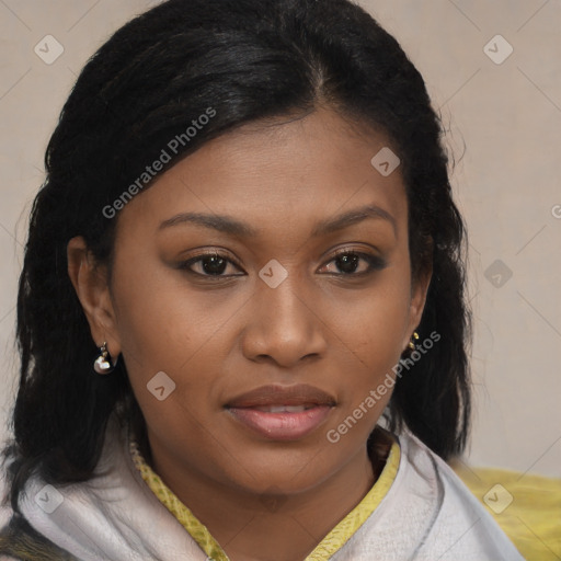 Joyful black young-adult female with medium  brown hair and brown eyes