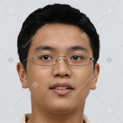 Neutral asian young-adult male with short  black hair and brown eyes