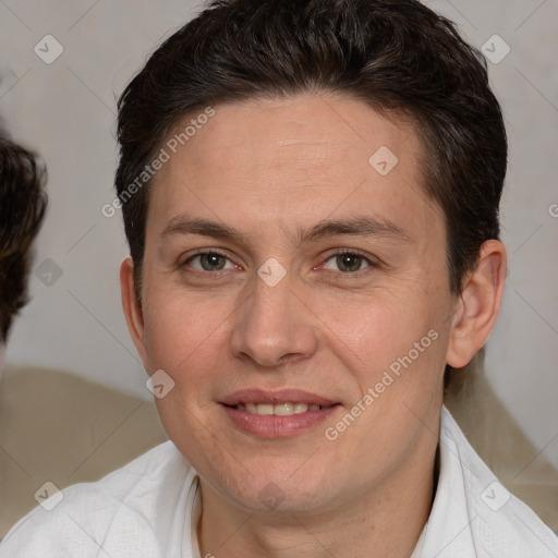 Joyful white adult female with short  brown hair and brown eyes