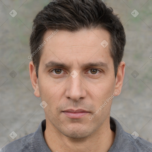 Neutral white adult male with short  brown hair and brown eyes