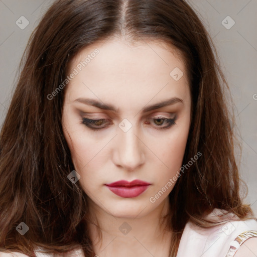 Neutral white young-adult female with medium  brown hair and brown eyes