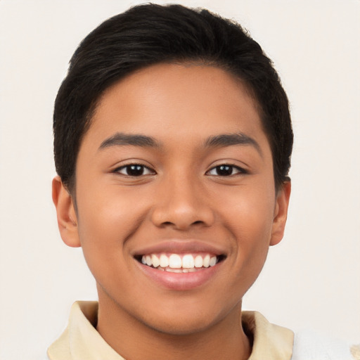 Joyful latino young-adult male with short  brown hair and brown eyes