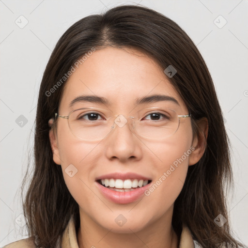 Joyful white young-adult female with long  brown hair and brown eyes