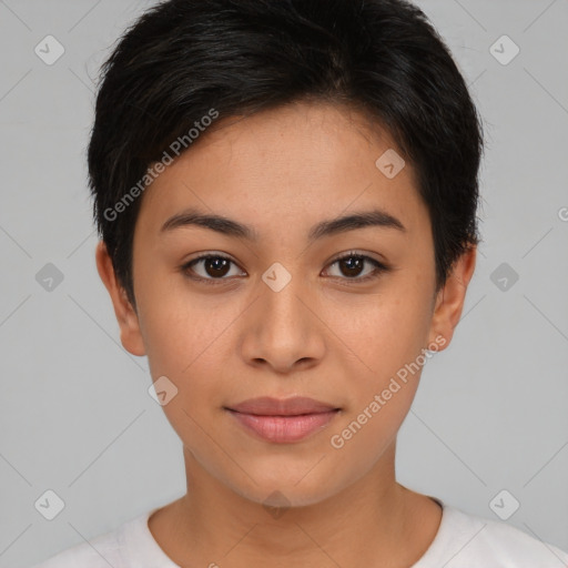 Joyful asian young-adult female with short  brown hair and brown eyes