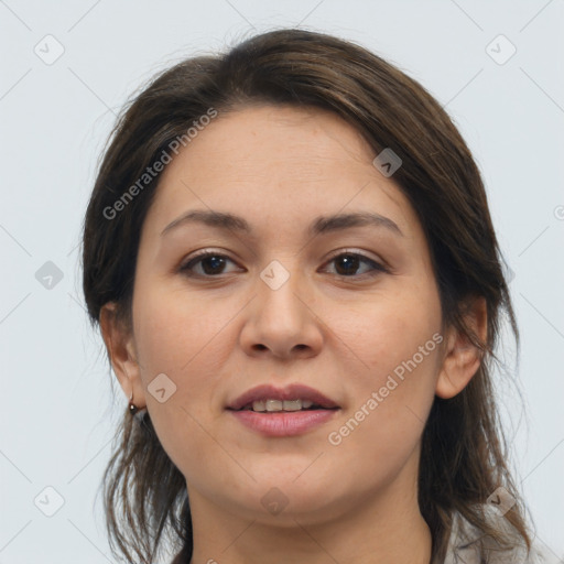 Joyful white young-adult female with medium  brown hair and brown eyes