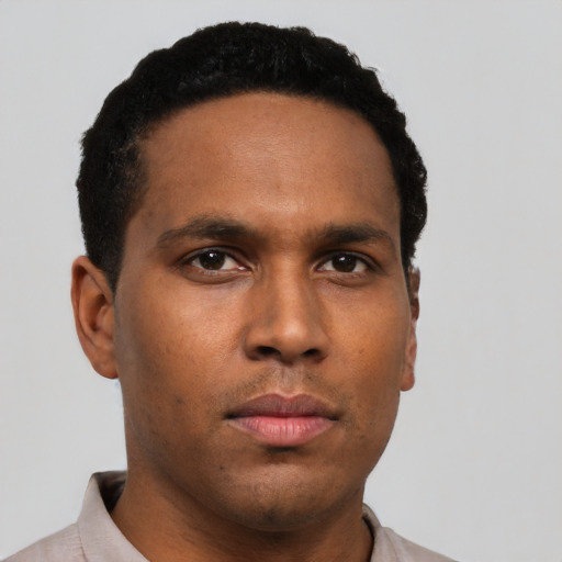 Neutral black young-adult male with short  black hair and brown eyes