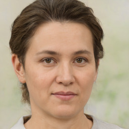 Joyful white adult female with medium  brown hair and brown eyes