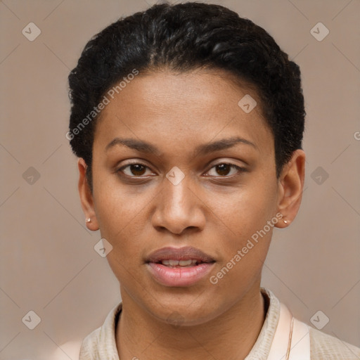 Joyful latino young-adult female with short  brown hair and brown eyes