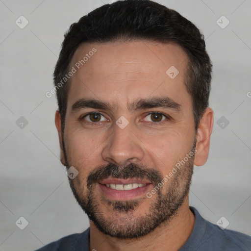 Joyful white young-adult male with short  black hair and brown eyes