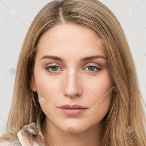 Neutral white young-adult female with long  brown hair and brown eyes