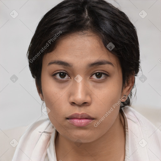 Neutral white young-adult female with medium  brown hair and brown eyes