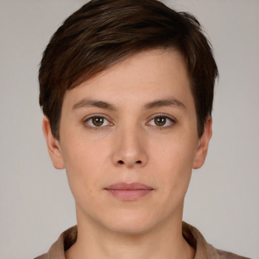 Neutral white young-adult female with short  brown hair and brown eyes