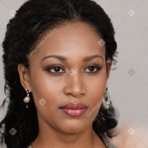 Neutral black young-adult female with long  brown hair and brown eyes
